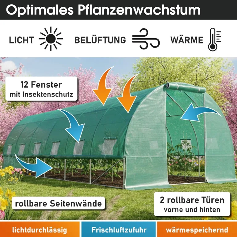 BRAST Gewächshaus Foliengewächshaus mit Stahlfundament | 2x3m - 3x8m | inkl. Erdanker Unkrautvlies & aufrollbare Seitenwände mit Moskitonetz | UV-stabilisierte Gitterschutzfolie 200g/m² | 300x600cm – Bild 6