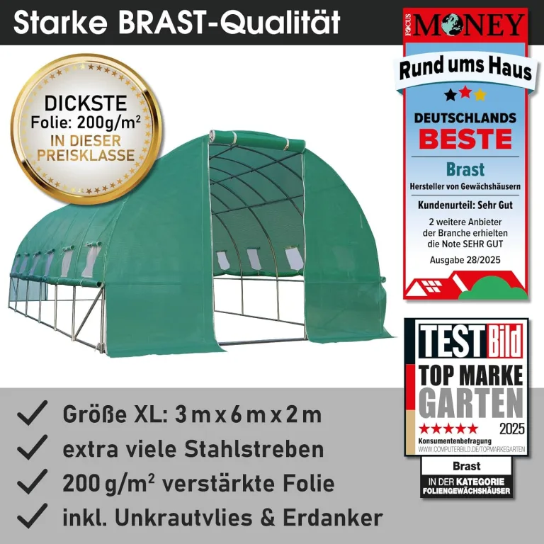 BRAST Gewächshaus Foliengewächshaus mit Stahlfundament | 2x3m - 3x8m | inkl. Erdanker Unkrautvlies & aufrollbare Seitenwände mit Moskitonetz | UV-stabilisierte Gitterschutzfolie 200g/m² | 300x600cm – Bild 7