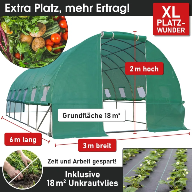 BRAST Gewächshaus Foliengewächshaus mit Stahlfundament | 2x3m - 3x8m | inkl. Erdanker Unkrautvlies & aufrollbare Seitenwände mit Moskitonetz | UV-stabilisierte Gitterschutzfolie 200g/m² | 300x600cm – Bild 3