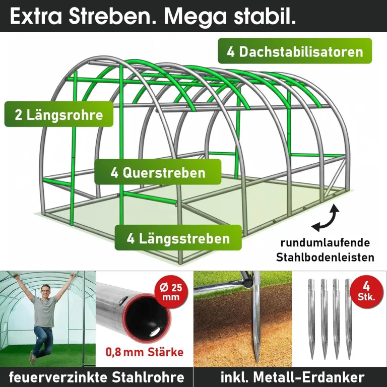 BRAST Gewächshaus Foliengewächshaus mit Stahlfundament | 2x3m - 3x8m | inkl. Erdanker Unkrautvlies & aufrollbare Seitenwände mit Moskitonetz | UV-stabilisierte Gitterschutzfolie 200g/m² | 300x400cm – Bild 4