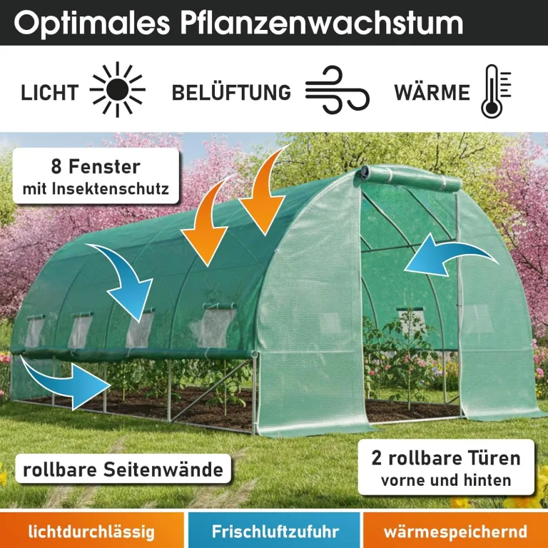 BRAST Gewächshaus Foliengewächshaus mit Stahlfundament | 2x3m - 3x8m | inkl. Erdanker Unkrautvlies & aufrollbare Seitenwände mit Moskitonetz | UV-stabilisierte Gitterschutzfolie 200g/m² | 300x400cm – Bild 6