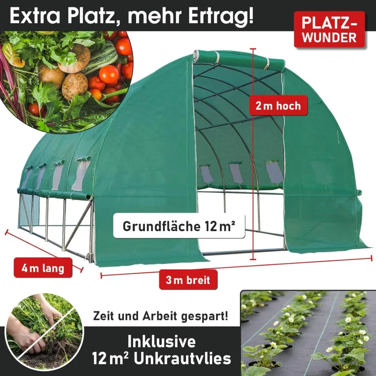 BRAST Gewächshaus Foliengewächshaus mit Stahlfundament | 2x3m - 3x8m | inkl. Erdanker Unkrautvlies & aufrollbare Seitenwände mit Moskitonetz | UV-stabilisierte Gitterschutzfolie 200g/m² | 300x400cm – Bild 3