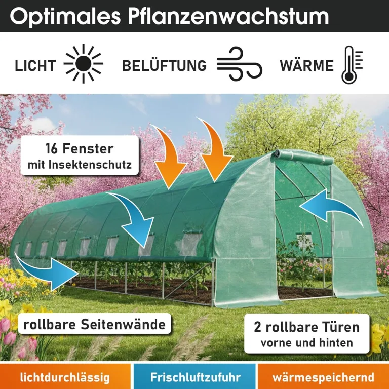 BRAST Gewächshaus Foliengewächshaus mit Stahlfundament | 2x3m - 3x8m | inkl. Erdanker Unkrautvlies & aufrollbare Seitenwände mit Moskitonetz | UV-stabilisierte Gitterschutzfolie 200g/m² | 300x800cm – Bild 6