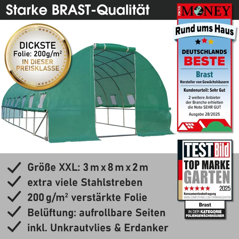 BRAST Gewächshaus Foliengewächshaus mit Stahlfundament | 2x3m - 3x8m | inkl. Erdanker Unkrautvlies & aufrollbare Seitenwände mit Moskitonetz | UV-stabilisierte Gitterschutzfolie 200g/m² | 300x800cm – Bild 7
