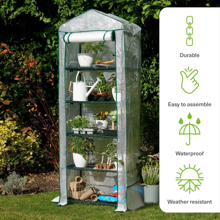Bramble - Premium Garten Foliengewächshaus für Balkon & Terrasse mit 5 Regalen, Stahlrahmen & Verstärkter PVC-Abdeckung - Stabil & Einfach zu Montieren - 193x69x49cm Weiß – Bild 5