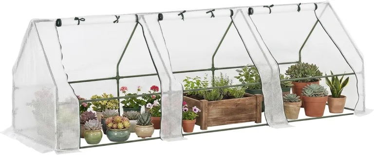 Outsunny Gewächshaus mit 3 Rollfenster, PE-Gitterfolie, Foliengewächshaus aus Stahl, Treibhaus für Balkon, Garten, Tomatenhaus 270x90x90cm, Tomatengewächshaus für Gemüse, Blumen, Pflanzen, Weiß – Bild 1
