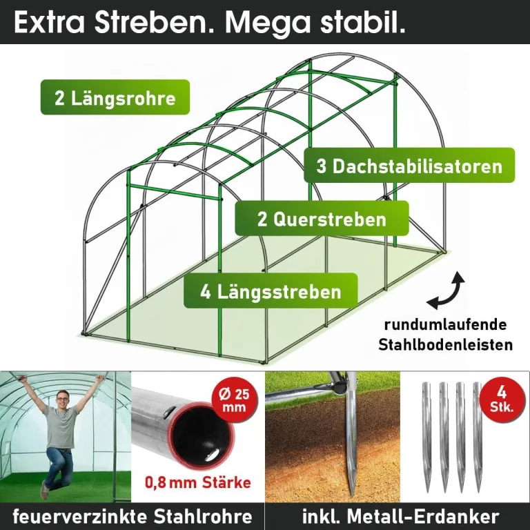BRAST Gewächshaus Foliengewächshaus mit Stahlfundament | 2x3m - 3x8m | inkl. Erdanker Unkrautvlies & 6 Aufrollbare Fenster mit Moskitonetz | UV-stabilisierte Gitterschutzfolie 200g/m² | 200x300cm – Bild 5