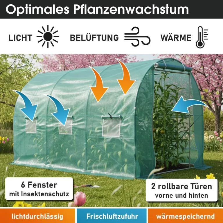 BRAST Gewächshaus Foliengewächshaus mit Stahlfundament | 2x3m - 3x8m | inkl. Erdanker Unkrautvlies & 6 Aufrollbare Fenster mit Moskitonetz | UV-stabilisierte Gitterschutzfolie 200g/m² | 200x300cm – Bild 7