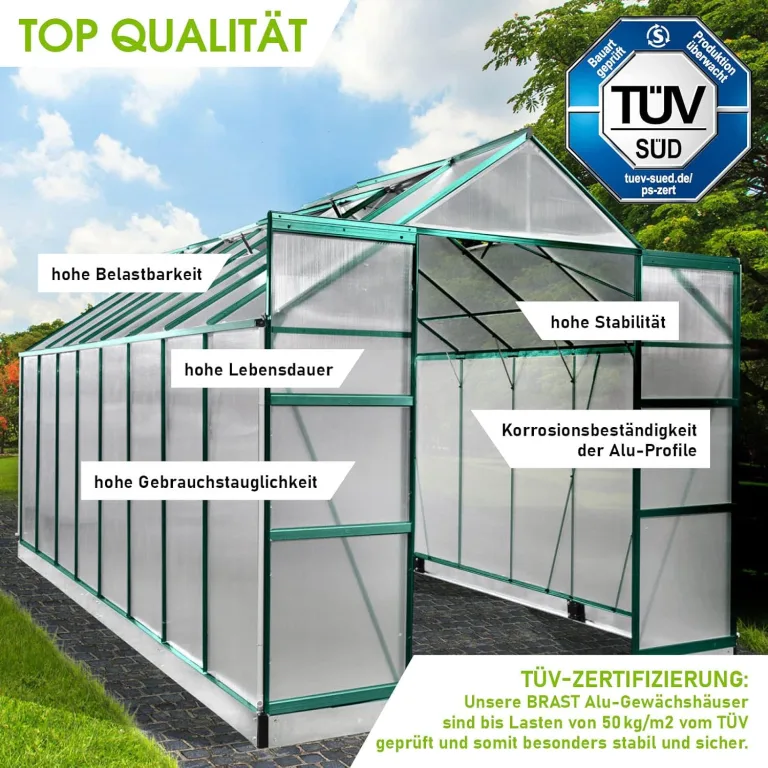 BRAST Gewächshaus Aluminium mit Fundament | 42 Modelle | 130x190x195cm - 490x250x235cm | TÜV geprüft | 6mm Hohlkammerplatten | rostfrei wetterfest temperaturbeständig | 490x250x235cm Grün – Bild 4