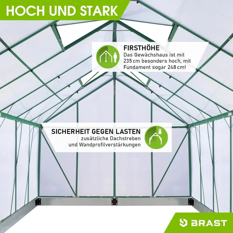 BRAST Gewächshaus Aluminium mit Fundament | 42 Modelle | 130x190x195cm - 490x250x235cm | TÜV geprüft | 6mm Hohlkammerplatten | rostfrei wetterfest temperaturbeständig | 490x250x235cm Grün – Bild 7