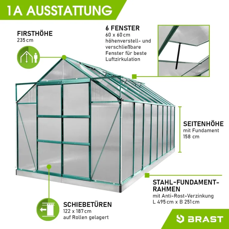 BRAST Gewächshaus Aluminium mit Fundament | 42 Modelle | 130x190x195cm - 490x250x235cm | TÜV geprüft | 6mm Hohlkammerplatten | rostfrei wetterfest temperaturbeständig | 490x250x235cm Grün – Bild 8