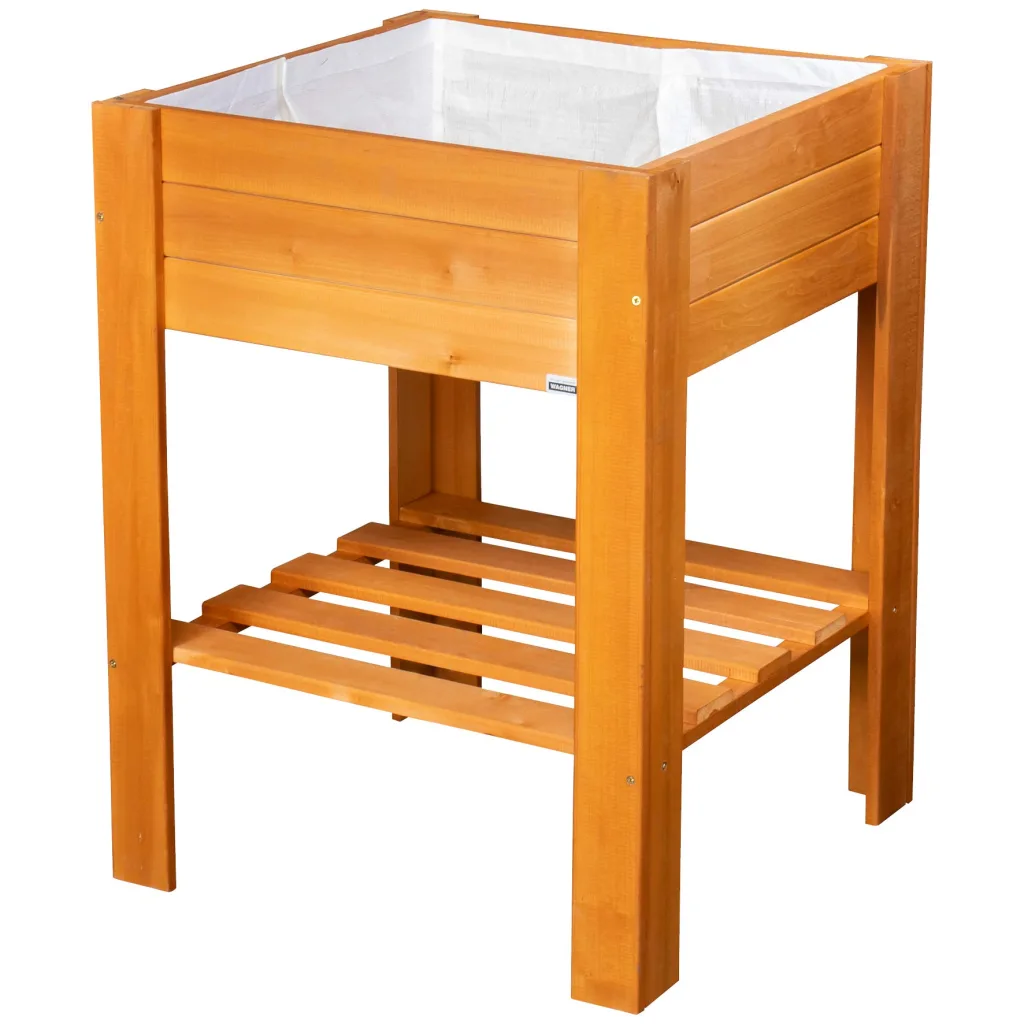 WAGNER GrowFAMILY - Hochbeet - GrowBOX Light - Nadelholz, Massivholz FSC®, Kastanie, 53,5 x 53,5 x 70 cm, Regalboden, inkl. Pflanztasche - 25038001
