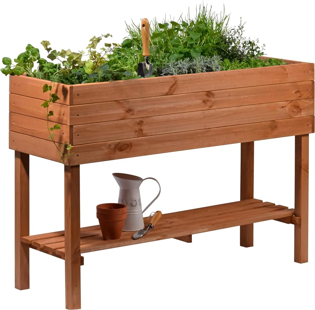 dobar® 58130FSCe Großes Hochbeet XXL mit Ablagefläche | Erhöhtes Gemüsebeet Massivholz | Kräuterbeet Wetterfest | Pflanzkasten für Balkon/Garten/Terrasse | 117 x 40 x 80 cm | Braun