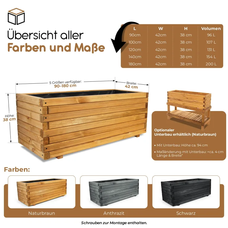 BooGardi Hochbeete Balkon mit Vlies · Hochbeet Holz in 10 Größen · 120 cm lang naturbraun · Hochbeete für Garten, Balkon & Terrasse · Pflanzkübel groß außen rechteckig XXL – Bild 2