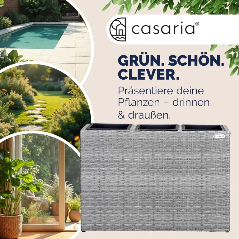 Casaria® Blumenkasten 3 Innentöpfe Polyrattan Herausnehmbar Wasserablauf Outdoor Rechteckig Pflanzkasten Blumentopf Hochbeet Pflanzkübel Grau – Bild 4