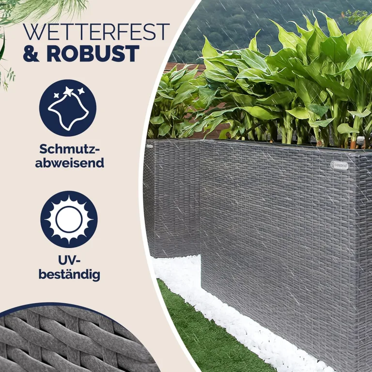 Casaria® Blumenkasten 3 Innentöpfe Polyrattan Herausnehmbar Wasserablauf Outdoor Rechteckig Pflanzkasten Blumentopf Hochbeet Pflanzkübel Grau – Bild 2