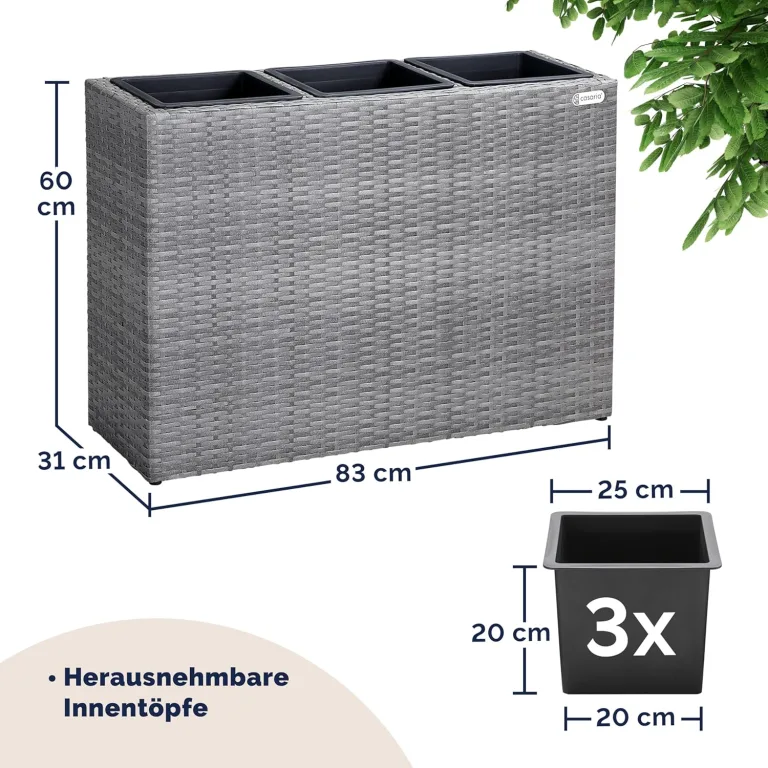 Casaria® Blumenkasten 3 Innentöpfe Polyrattan Herausnehmbar Wasserablauf Outdoor Rechteckig Pflanzkasten Blumentopf Hochbeet Pflanzkübel Grau – Bild 3