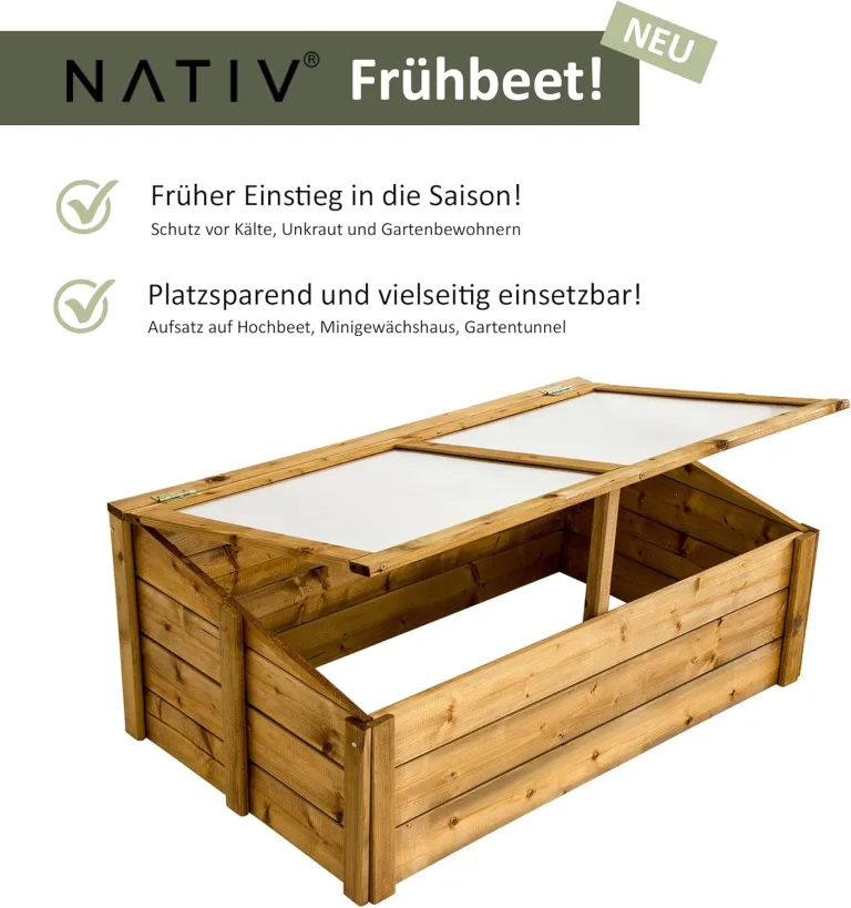 NATIV Frühbeet 100x60 cm | Frühbeetkasten mit Polycarbonatplatten | Frühbeet Aufsatz auch für Hochbeete geeignet | Mini Gewächshaus | teilweise vormontiertes Kräuterbeet (braun) – Bild 4