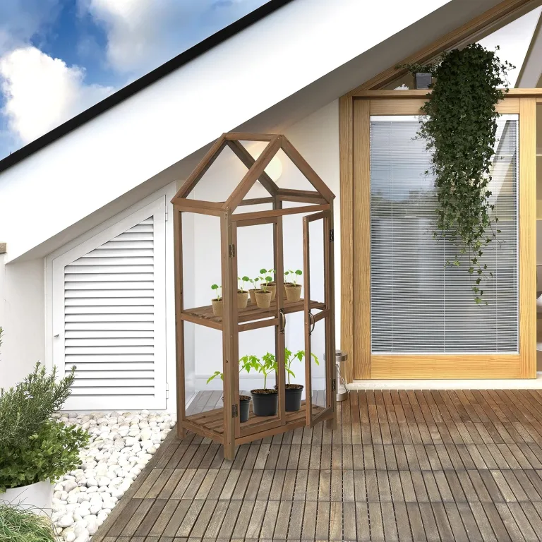 Relaxdays Gewächshaus Balkon, Holz & Kunststoff, HBT 146x66x47,5 cm, Doppeltür, Gewächsschrank Anzucht, Treibhaus, braun – Bild 5