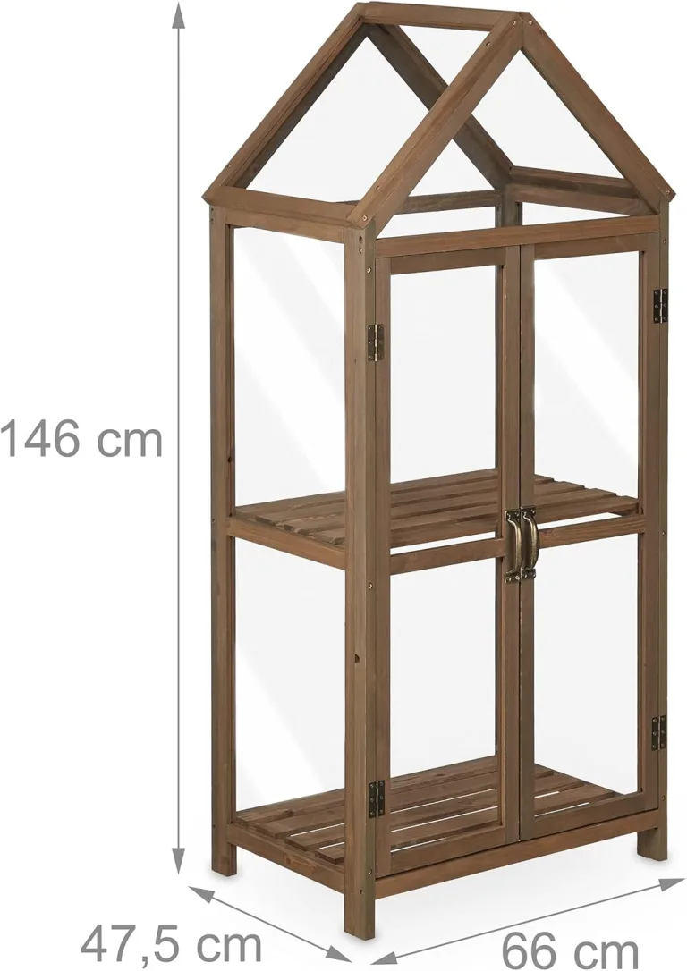Relaxdays Gewächshaus Balkon, Holz & Kunststoff, HBT 146x66x47,5 cm, Doppeltür, Gewächsschrank Anzucht, Treibhaus, braun – Bild 4