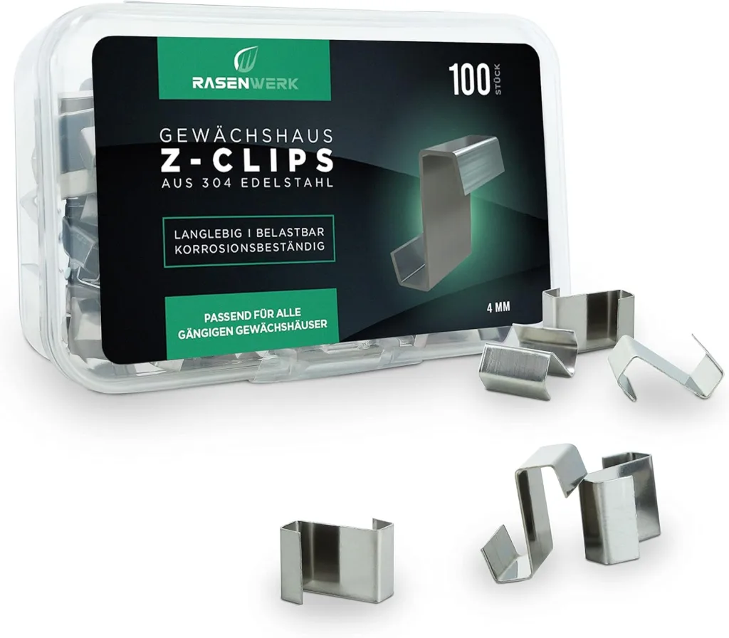 Z-Clips für Gewächshäuser - 100 Stück - aus AISI 304 rostfreiem Edelstahl - für max. 4mm starke Gewächshaus Glasplatten - Haken für Gewächshaus Platten