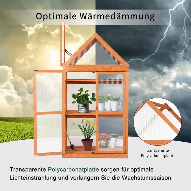 MCombo 3 Etage Gewächshaus Aufzuchtschrank Treibhaus Pflanzenhaus Tomatenhaus höhenverstellbar aufklappbar 0800, aus Holz und Polycarbonat – Bild 3