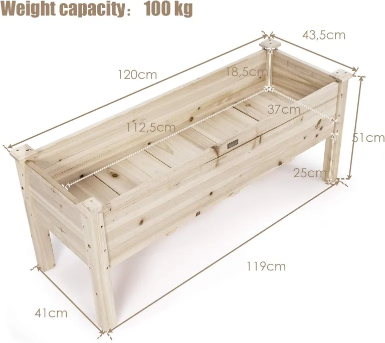 COSTWAY Hochbeet aus Holz, Pflanzbeet für Kinder, 120x43,5x51cm, Pflanztrog belastbar bis 100 kg, Blumenkübel mit Ablauflöchern, Kräuterbeet rechteckig, Anzuchtbeet Garten Terrasse Balkon – Bild 6
