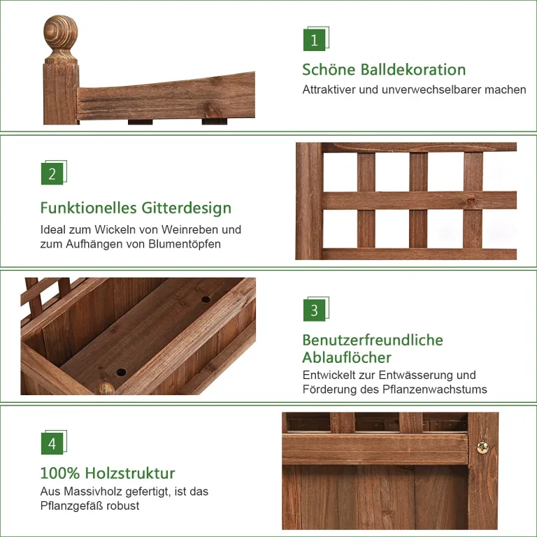COSTWAY Blumenkasten mit Rankgitter, Pflanzkasten Holz, Hochbeet mit Spalier, Blumenkübel Rankhilfe, Gartenspalier Rankkasten für Kletterpflanze, Garten Terrasse Hinterhof, 64,5 x 28 x 75 cm, Braun – Bild 3