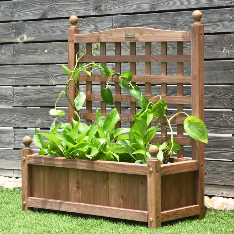 COSTWAY Blumenkasten mit Rankgitter, Pflanzkasten Holz, Hochbeet mit Spalier, Blumenkübel Rankhilfe, Gartenspalier Rankkasten für Kletterpflanze, Garten Terrasse Hinterhof, 64,5 x 28 x 75 cm, Braun – Bild 7