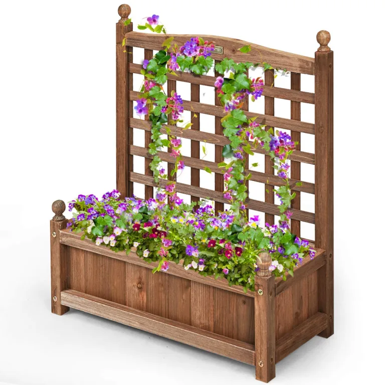 COSTWAY Blumenkasten mit Rankgitter, Pflanzkasten Holz, Hochbeet mit Spalier, Blumenkübel Rankhilfe, Gartenspalier Rankkasten für Kletterpflanze, Garten Terrasse Hinterhof, 64,5 x 28 x 75 cm, Braun – Bild 8