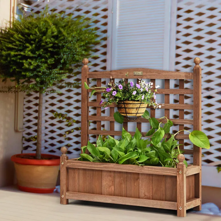COSTWAY Blumenkasten mit Rankgitter, Pflanzkasten Holz, Hochbeet mit Spalier, Blumenkübel Rankhilfe, Gartenspalier Rankkasten für Kletterpflanze, Garten Terrasse Hinterhof, 64,5 x 28 x 75 cm, Braun – Bild 9