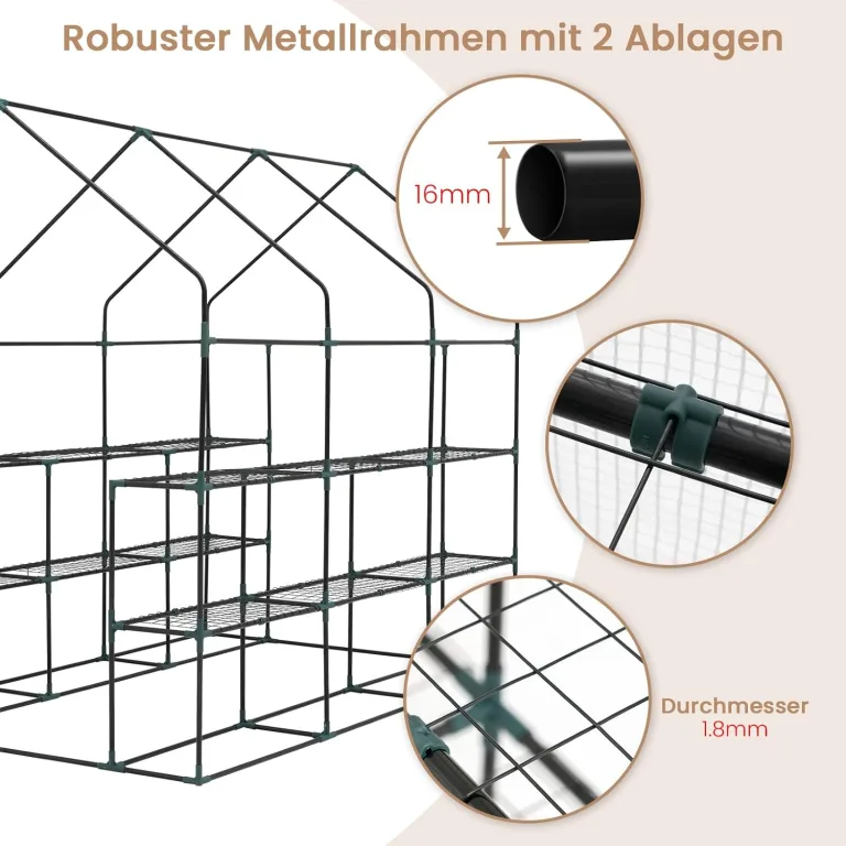 WOLTU Foliengewächshaus, Tomatengewächshaus für Garten Balkon, Indoor & Outdoor, Metallgestell, Gewächshaus mit 3 Ablagen, für Frühbeet Gemüse Blumen, 143 x 195 x 215 cm, Weiß – Bild 2