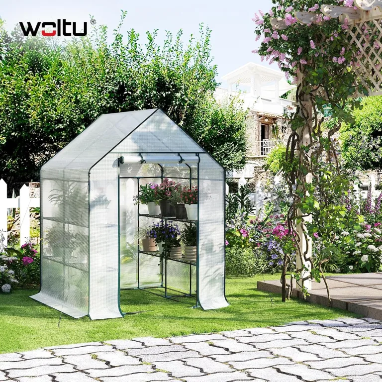 WOLTU Foliengewächshaus, Tomatengewächshaus für Garten Balkon, Indoor & Outdoor, Metallgestell, Gewächshaus mit 3 Ablagen, für Frühbeet Gemüse Blumen, 143 x 195 x 143 cm, Weiß – Bild 3