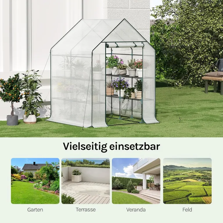 WOLTU Foliengewächshaus, Tomatengewächshaus für Garten Balkon, Indoor & Outdoor, Metallgestell, Gewächshaus mit 3 Ablagen, für Frühbeet Gemüse Blumen, 143 x 195 x 143 cm, Weiß – Bild 5
