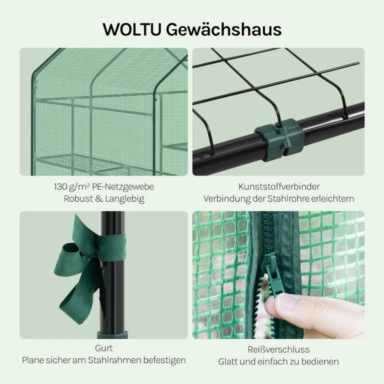 WOLTU Foliengewächshaus, Tomatengewächshaus für Garten Balkon, Indoor & Outdoor, Metallgestell, Gewächshaus mit 3 Ablagen, für Frühbeet Gemüse Blumen, 143 x 195 x 143 cm, Grün – Bild 3