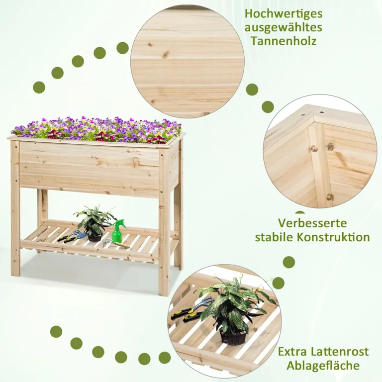 GOPLUS Hochbeet ohne Rollen, Gartenbeet mit Ablage & Abflusslöcher, Pflanzbeet aus Tannenholz für Garten & Terrasse, Natur (ohne Rollen, 92x41x81cm) – Bild 6