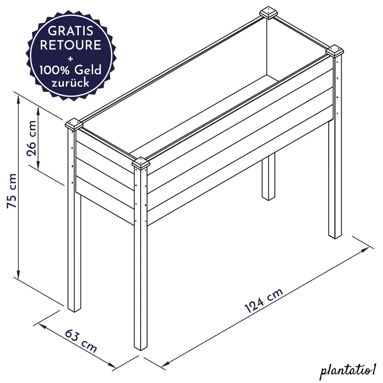 Großes Hochbeet aus Holz für Garten Balkon Terrasse, Pflanzkasten Bausatz XL rechteckig schmal mit Vlies-Folie, Kräuterbeet Pflanzenkasten, 124 x 63 x 75 cm, weiß grau anthrazit – Bild 6