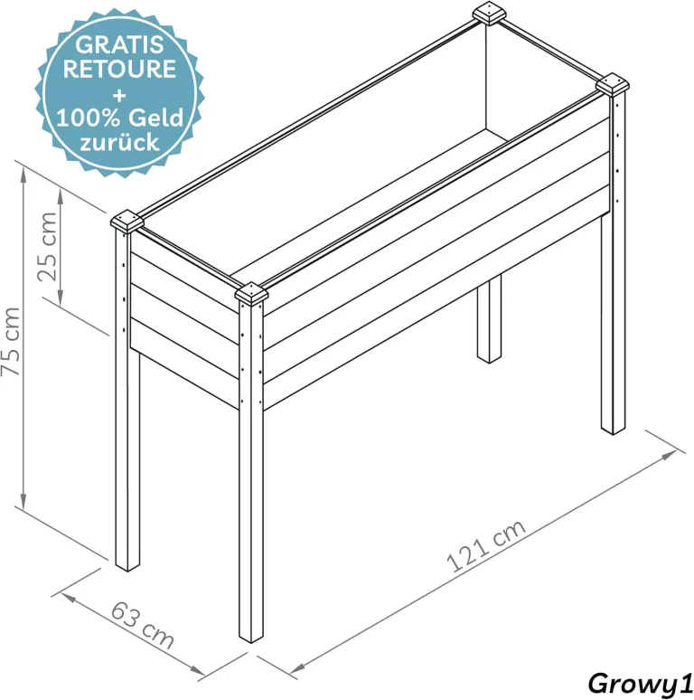 needs&wants® Großes Hochbeet aus Holz für Garten Balkon Terrasse, Pflanzkasten Bausatz XL rechteckig schmal mit Vlies-Folie, Kräuterbeet Pflanzenkasten deko, 121 x 63 x 75 cm, dunkel-braun – Bild 6