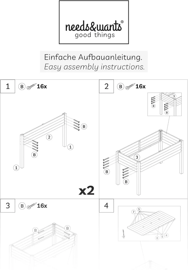 needs&wants® Großes Hochbeet aus Holz für Garten Balkon Terrasse, Pflanzkasten Bausatz XL rechteckig schmal mit Vlies-Folie, Kräuterbeet Pflanzenkasten deko, 121 x 63 x 75 cm, dunkel-braun – Bild 7