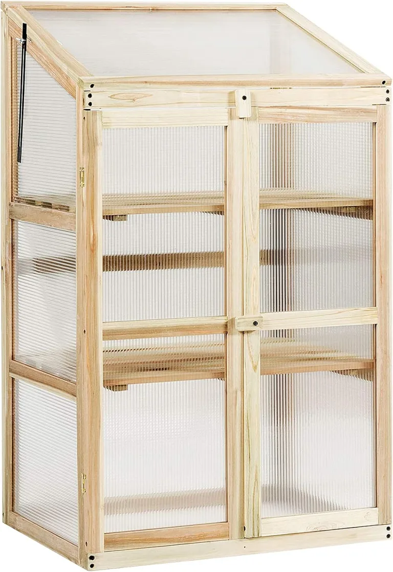 GIANTEX Frühbeet Mini-Gewächshaus, Frühbettkasten Treibhaus Holzrahmen, Bettkasten mit geneigtem Dach, Gewächshaus Pflanzenbeet für Garten Balkon (60x45x100 cm) – Bild 2
