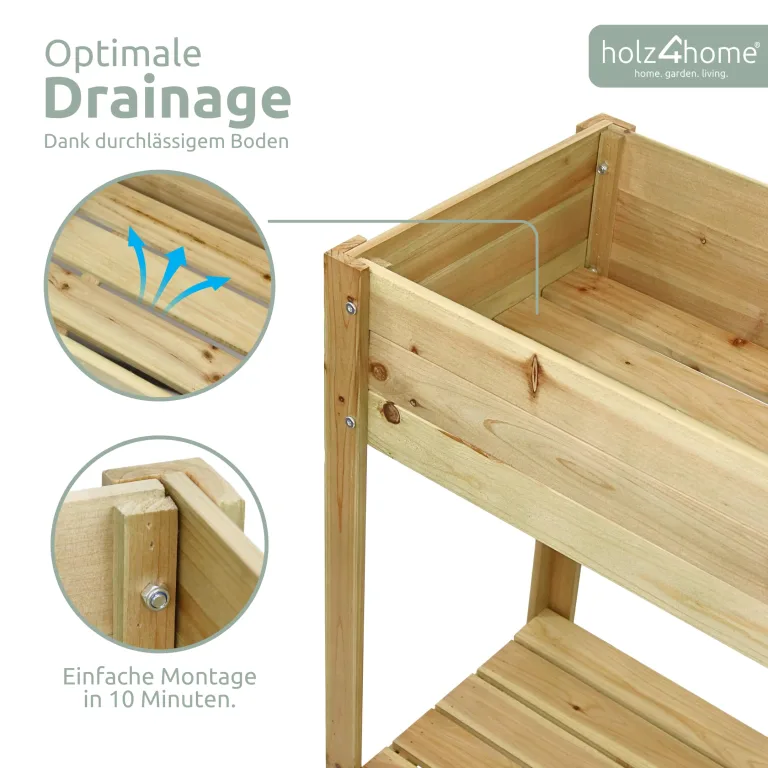 holz4home® Hochbeet inkl. Vlies-, Einlegevlies Naturholz Tanne Braun | 80x37x78 cm I Hochwertiges Tannenholz I Ideal für den kleinen Garten, Terrasse oder Balkon – Bild 4