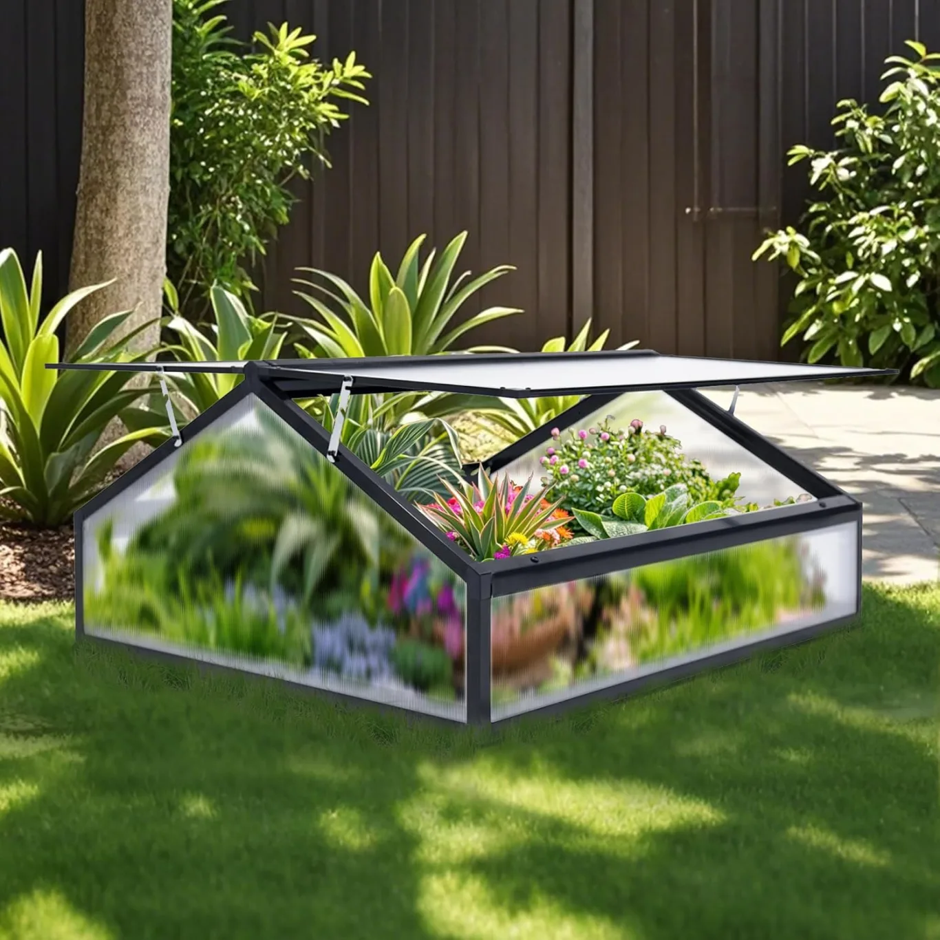 Gewächshaus Alu Frühbeet Hochbeet Tomatenhaus, Aufzuchtstation für Pflanzen Treibhaus, mit UV-Schutz Doppeldach lichtdurchlässig Scharnieren Frühbeetaufsatz, 117 x 97 x 52,5 cm, Schwarz, 10kg - Bild 1