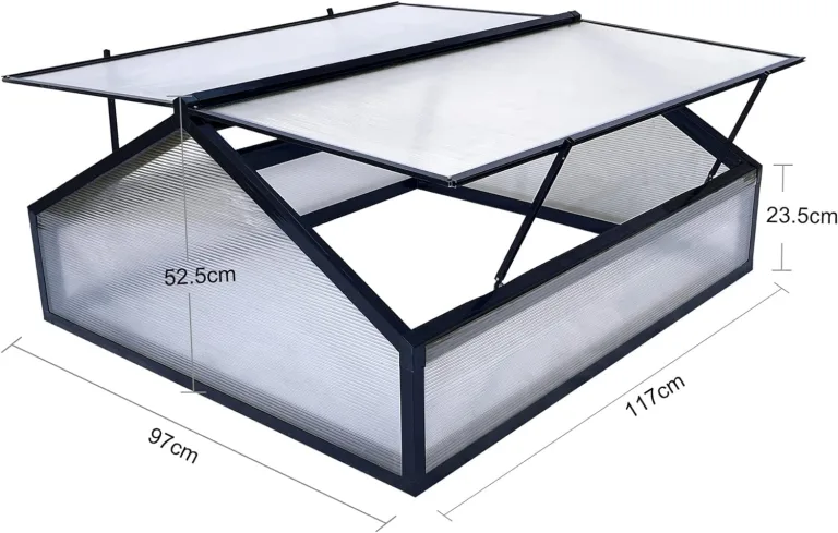 Gewächshaus Alu Frühbeet Hochbeet Tomatenhaus, Aufzuchtstation für Pflanzen Treibhaus, mit UV-Schutz Doppeldach lichtdurchlässig Scharnieren Frühbeetaufsatz, 117 x 97 x 52,5 cm, Schwarz, 10kg – Bild 2