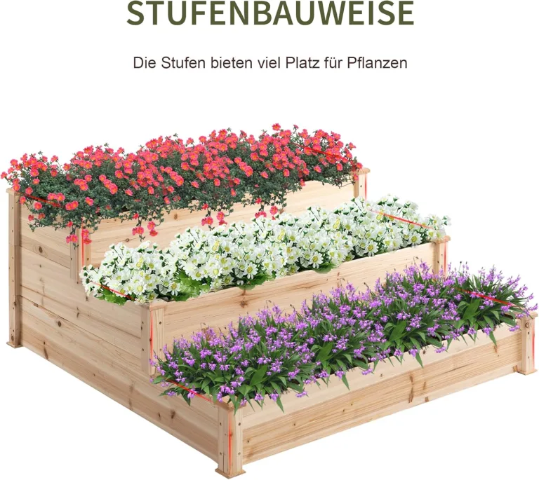 Outsunny Hochbeet 3-stufige Gartenbeet Pflanzenbeet Kräuterbeet Blumentreppe für Balkon Garten Natur Tannenholz 120 x 120 x 56 cm – Bild 3