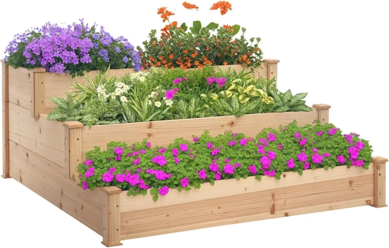 Outsunny Hochbeet 3-stufige Gartenbeet Pflanzenbeet Kräuterbeet Blumentreppe für Balkon Garten Natur Tannenholz 120 x 120 x 56 cm – Bild 1