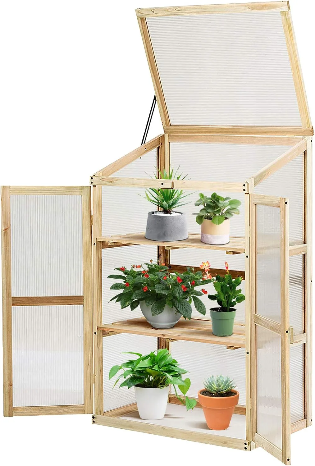 GYMAX Holz Frühbeet mit 3 Ablagen, Gewächshaus klein mit 2 Türen & Deckel, wetterfest Pflanzenbeet Aufzuchtschrank für Garten & Balkon, 60 x 45 x 100 cm, Natur