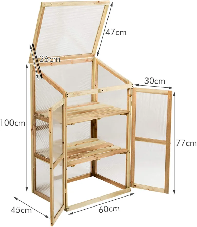 GYMAX Holz Frühbeet mit 3 Ablagen, Gewächshaus klein mit 2 Türen & Deckel, wetterfest Pflanzenbeet Aufzuchtschrank für Garten & Balkon, 60 x 45 x 100 cm, Natur – Bild 5