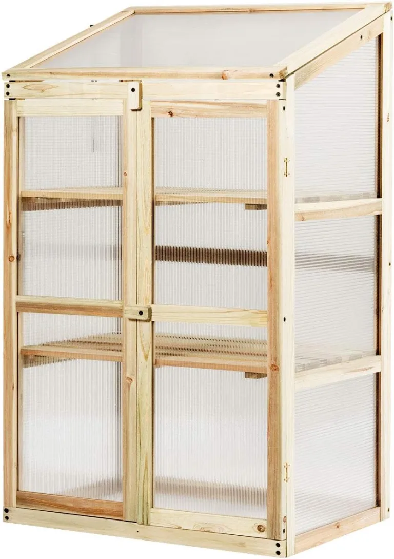 GYMAX Holz Frühbeet mit 3 Ablagen, Gewächshaus klein mit 2 Türen & Deckel, wetterfest Pflanzenbeet Aufzuchtschrank für Garten & Balkon, 60 x 45 x 100 cm, Natur – Bild 6