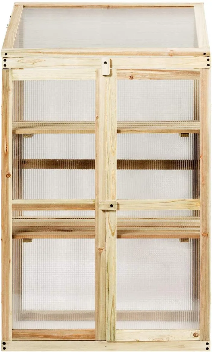 GYMAX Holz Frühbeet mit 3 Ablagen, Gewächshaus klein mit 2 Türen & Deckel, wetterfest Pflanzenbeet Aufzuchtschrank für Garten & Balkon, 60 x 45 x 100 cm, Natur – Bild 8