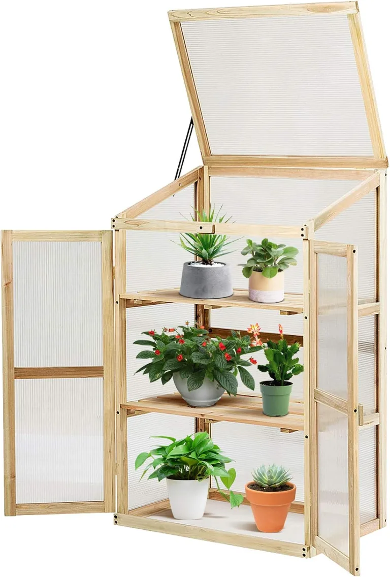 GYMAX Holz Frühbeet mit 3 Ablagen, Gewächshaus klein mit 2 Türen & Deckel, wetterfest Pflanzenbeet Aufzuchtschrank für Garten & Balkon, 60 x 45 x 100 cm, Natur – Bild 1